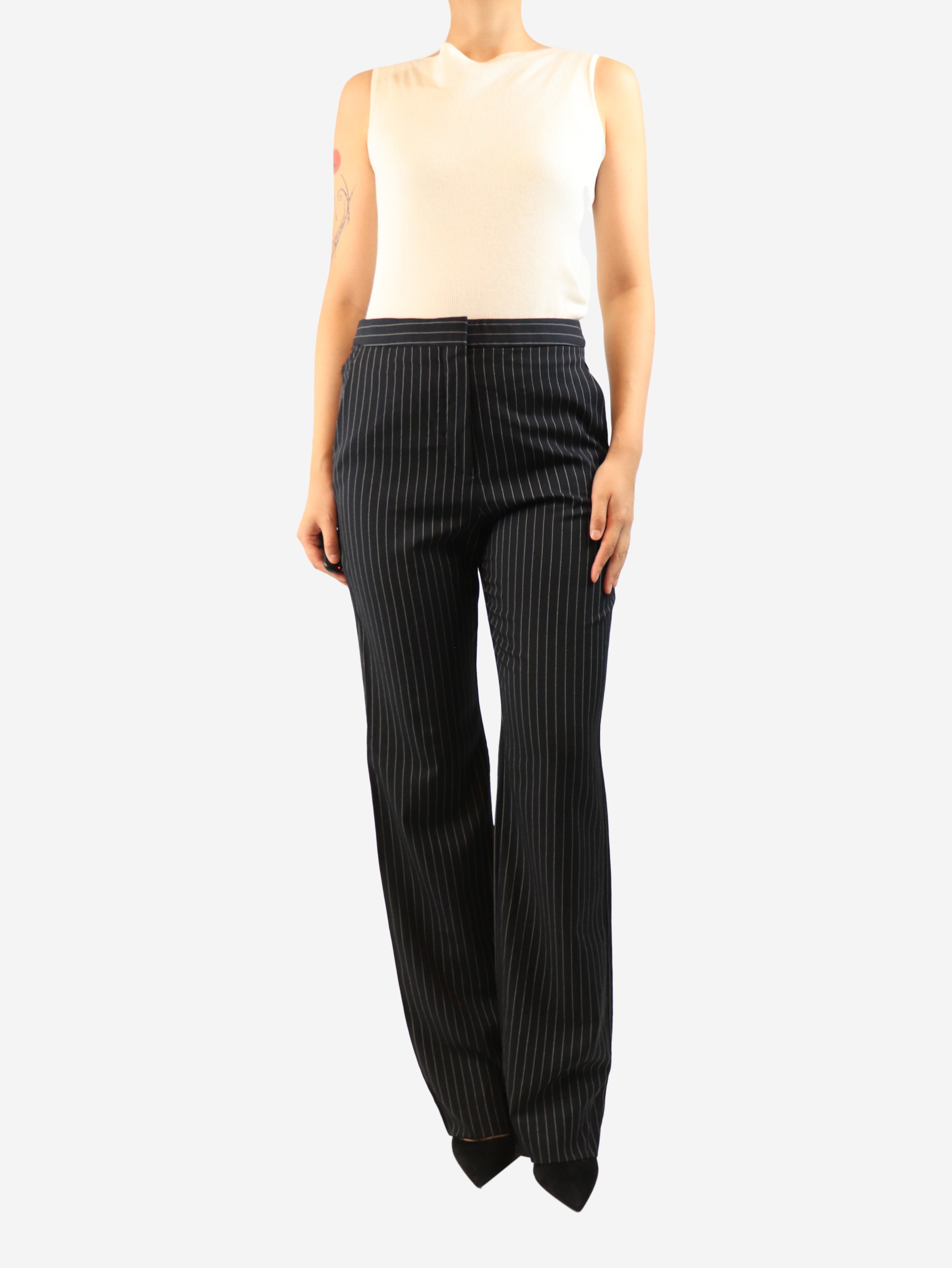 Navy pinstripe trousers - size UK 10