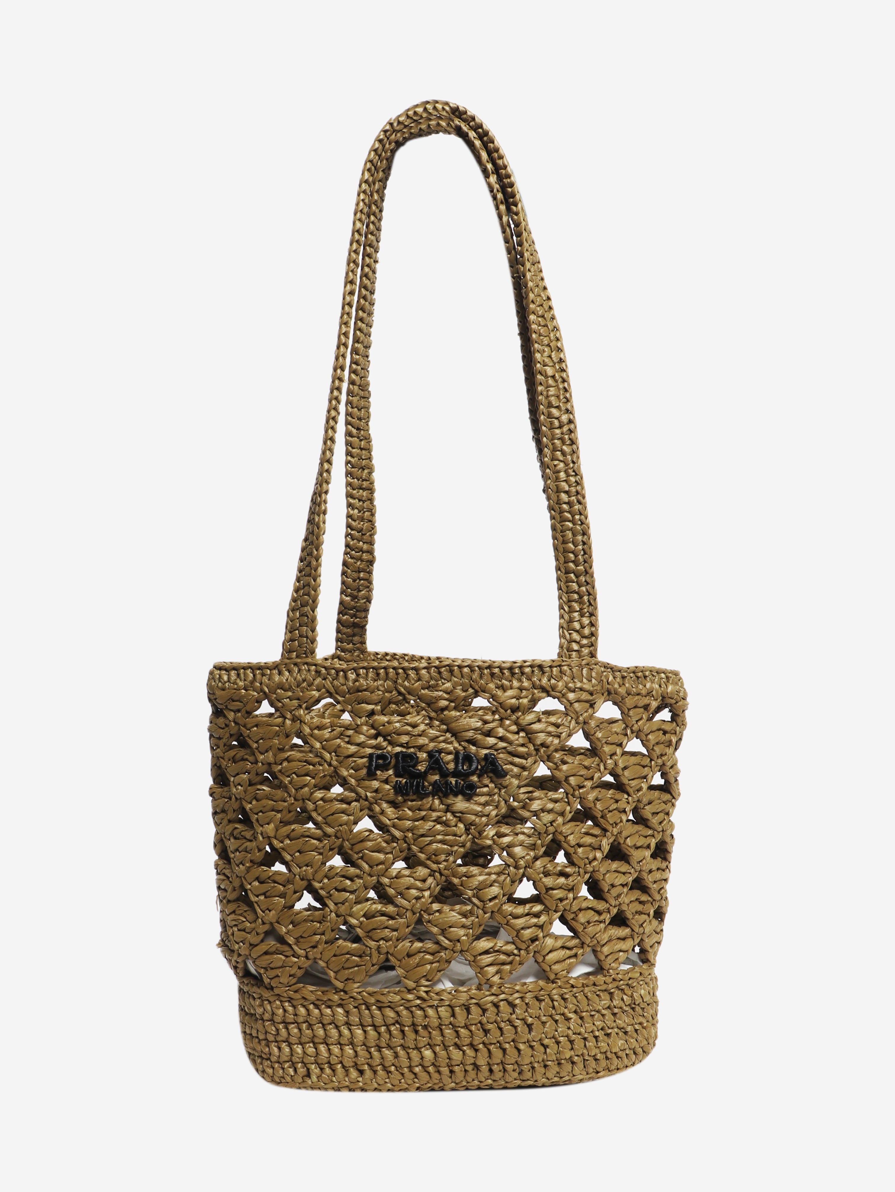 Khaki raffia-effect mini tote bag