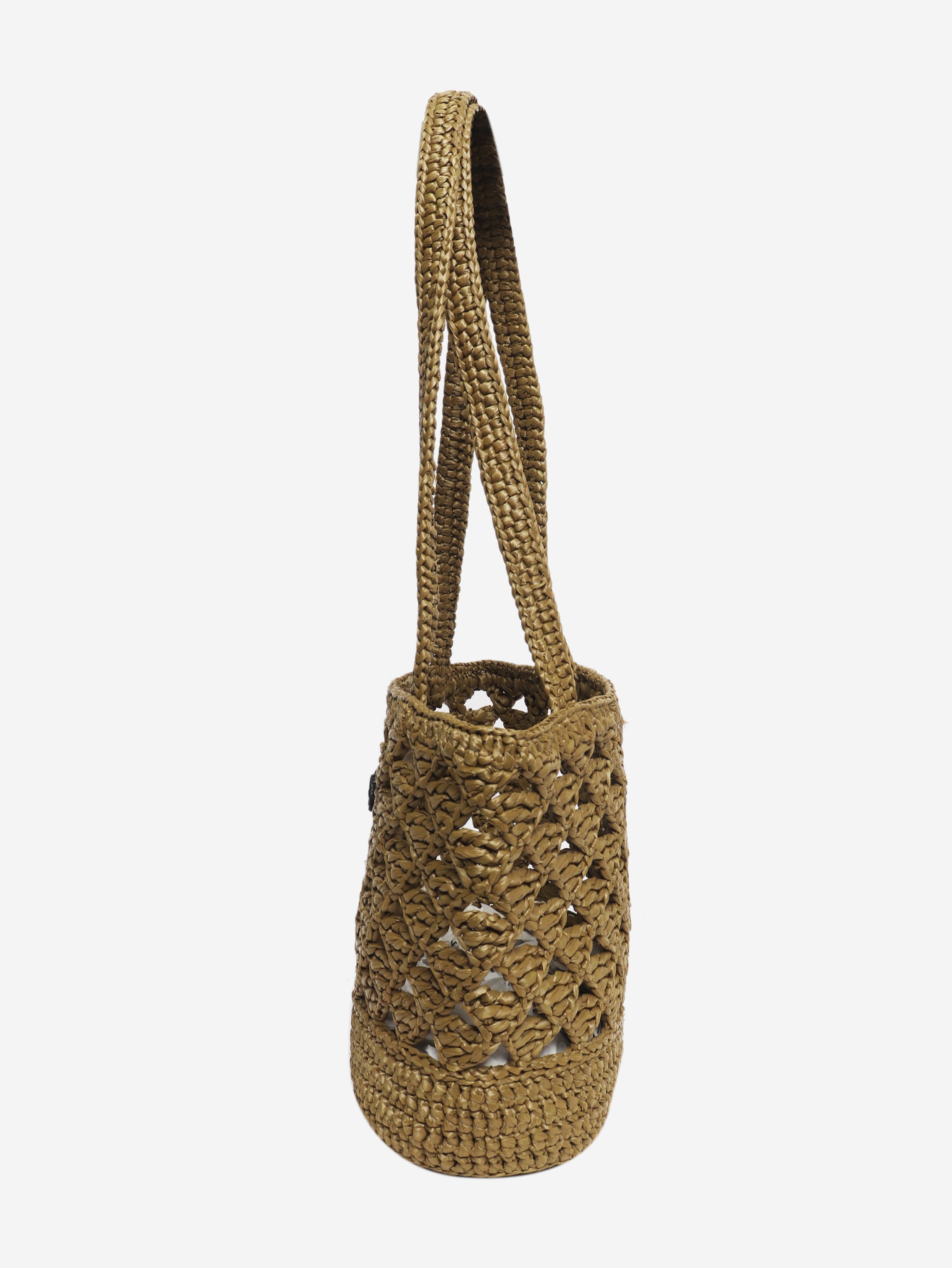 Khaki raffia-effect mini tote bag