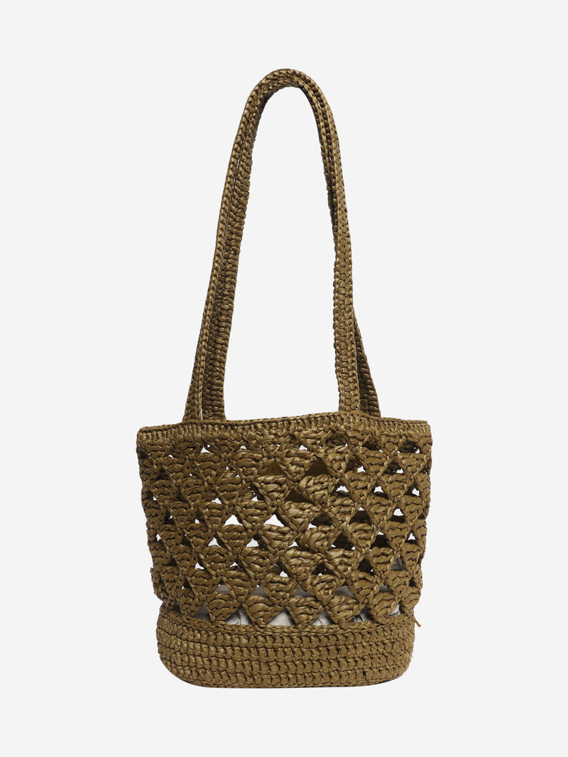 Khaki raffia-effect mini tote bag