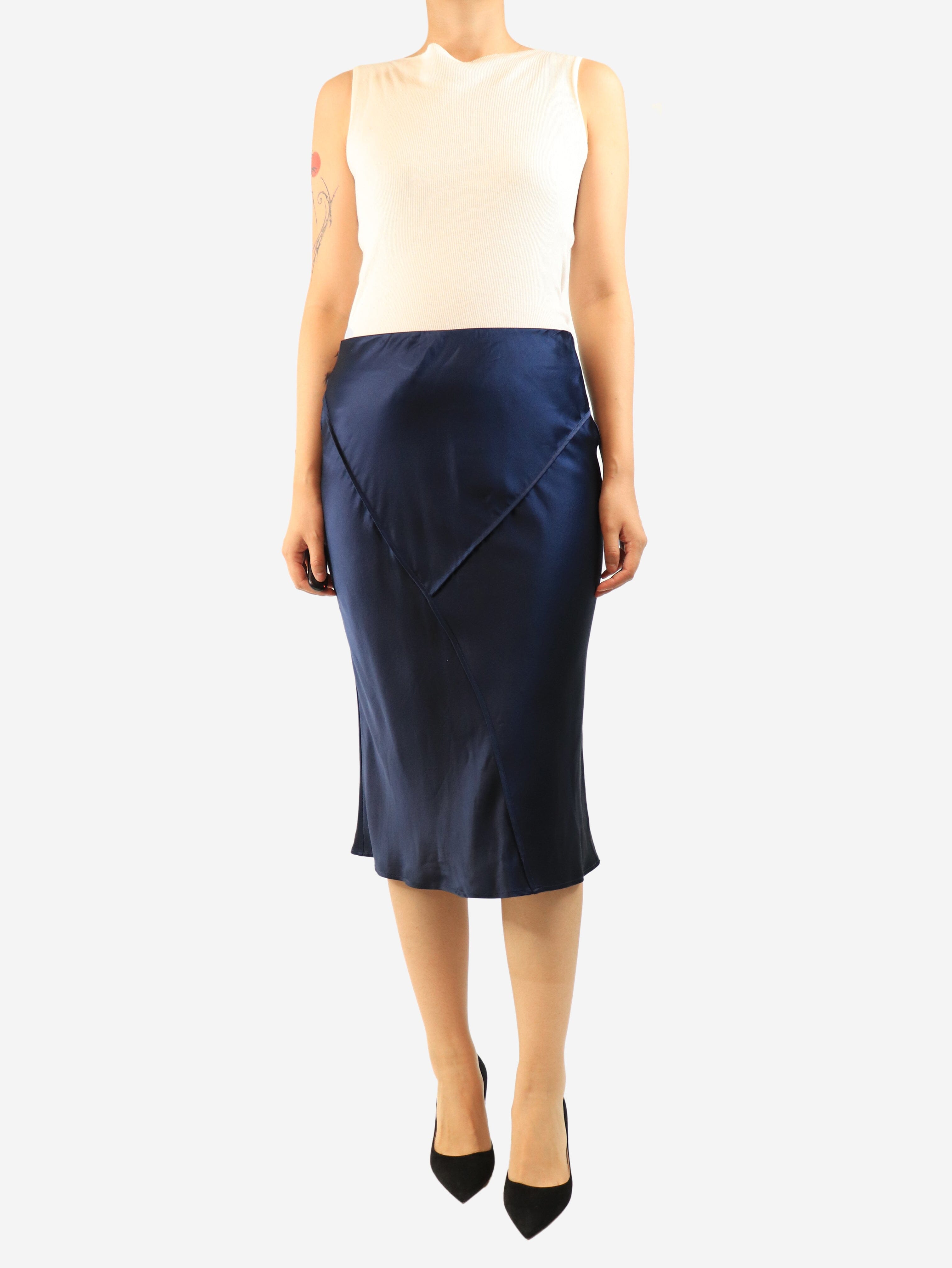 Navy silk midi skirt - size UK 12 Skirts Lily Silk 