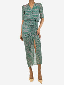 Veronica Beard Green ruched printed midi dress - size UK 4