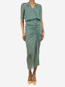 Veronica Beard Green ruched printed midi dress - size UK 4