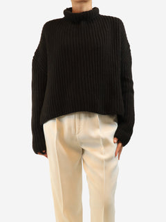 Dark brown ribbed high-neck jumper - size S