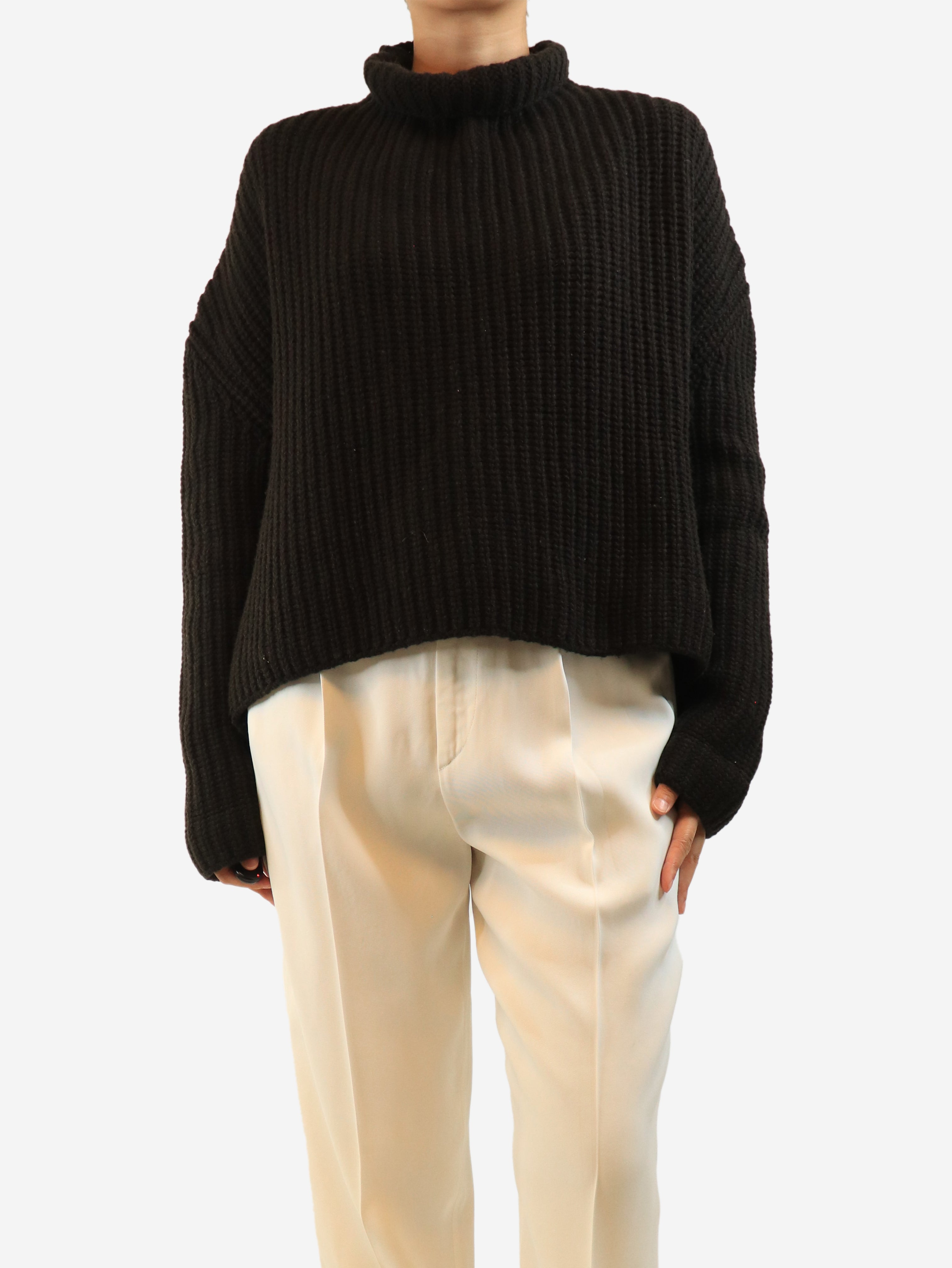 Dark brown ribbed high-neck jumper - size S