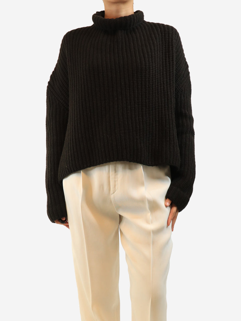 Dark brown ribbed high-neck jumper - size S
