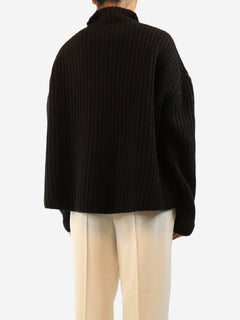 Dark brown ribbed high-neck jumper - size S