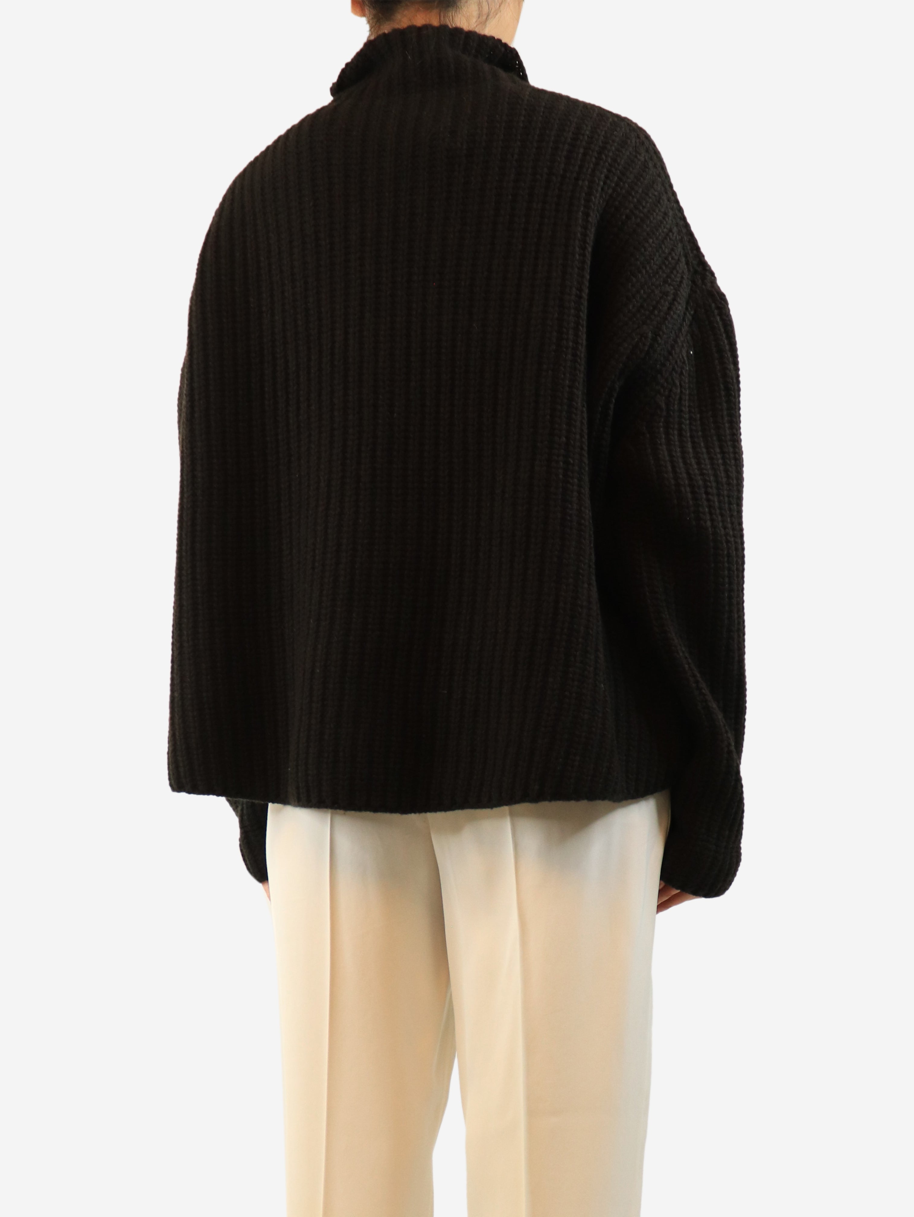 Dark brown ribbed high-neck jumper - size S