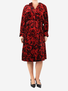 Red belted floral velvet midi dress - size UK 12 Dresses Dries Van Noten 
