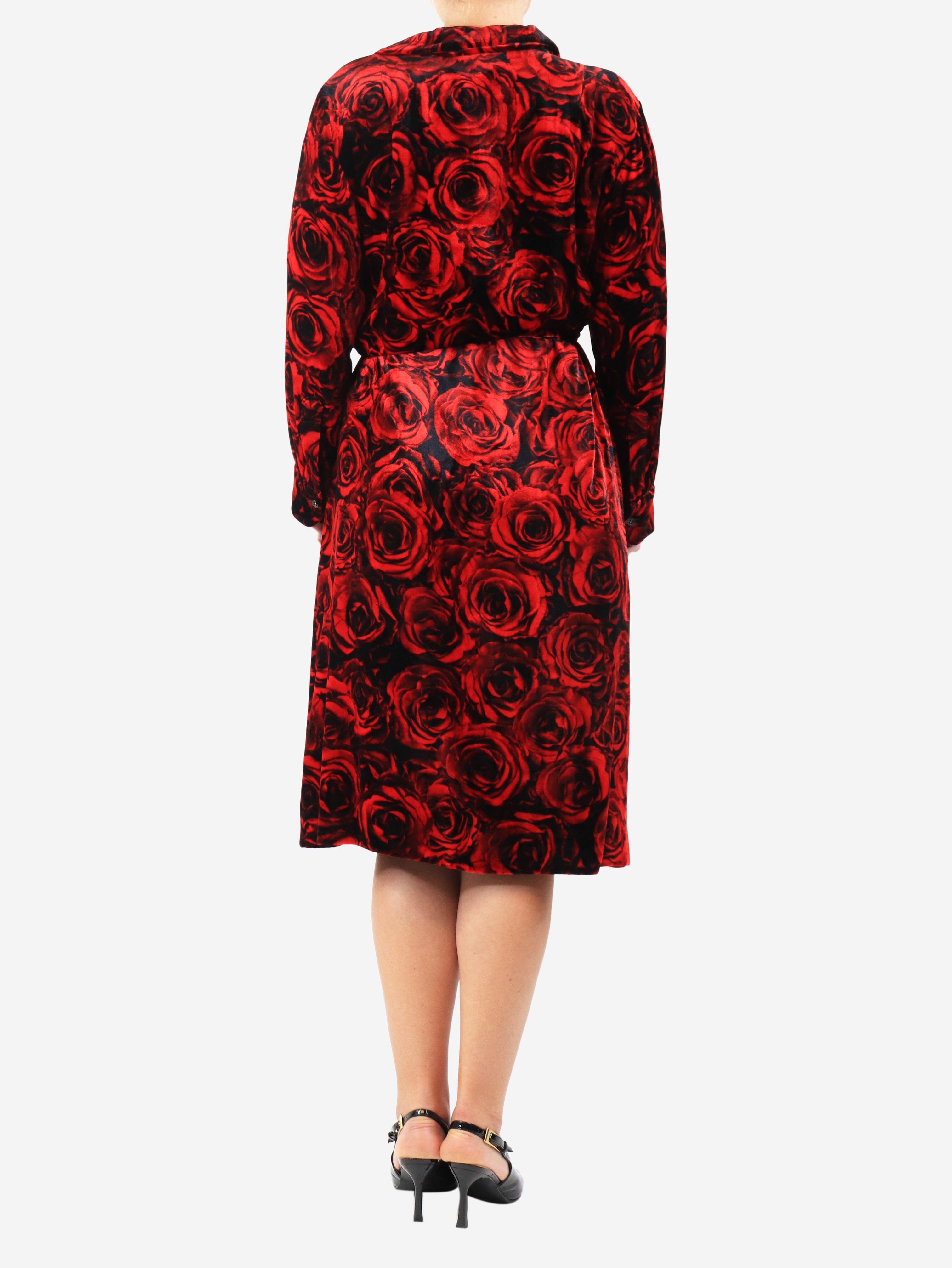 Red belted floral velvet midi dress - size UK 12 Dresses Dries Van Noten 
