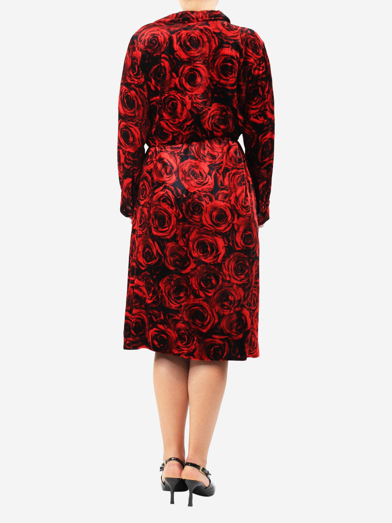 Red belted floral velvet midi dress - size UK 12 Dresses Dries Van Noten 