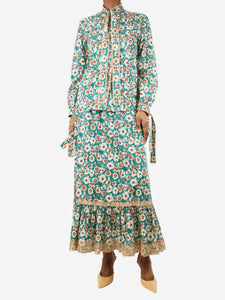 Gucci Green floral printed blouse shirt and midi skirt - size UK 4