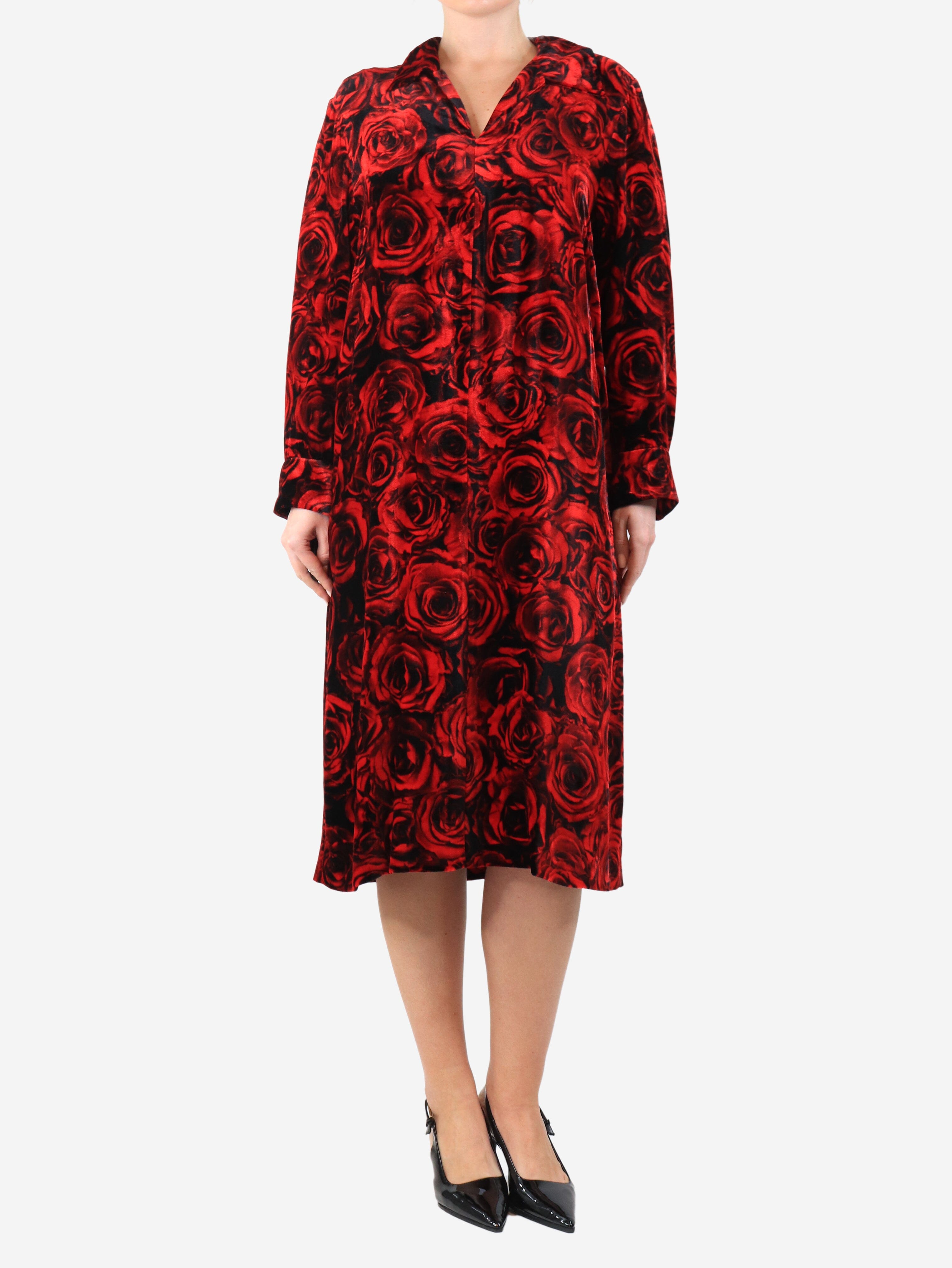 Red belted floral velvet midi dress - size UK 12 Dresses Dries Van Noten 