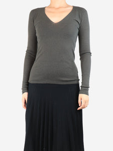 Joseph Khaki ribbed cashmere v-neck sweater - size S