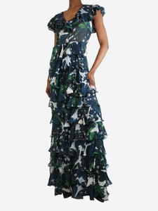 Isolda Blue printed ruffle maxi dress - size UK 8