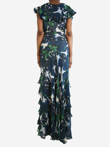 Isolda Blue printed ruffle maxi dress - size UK 8
