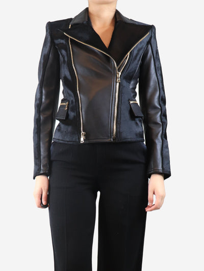 Black leather calf-hair jacket - size UK 10 Coats & Jackets Balmain 