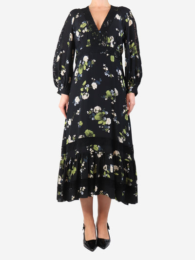 Black Magdalene silk floral midi dress - size UK 14 Dresses Erdem 