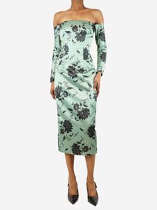 Emilia Wickstead Green off-shoulder satin midi dress - size UK 6