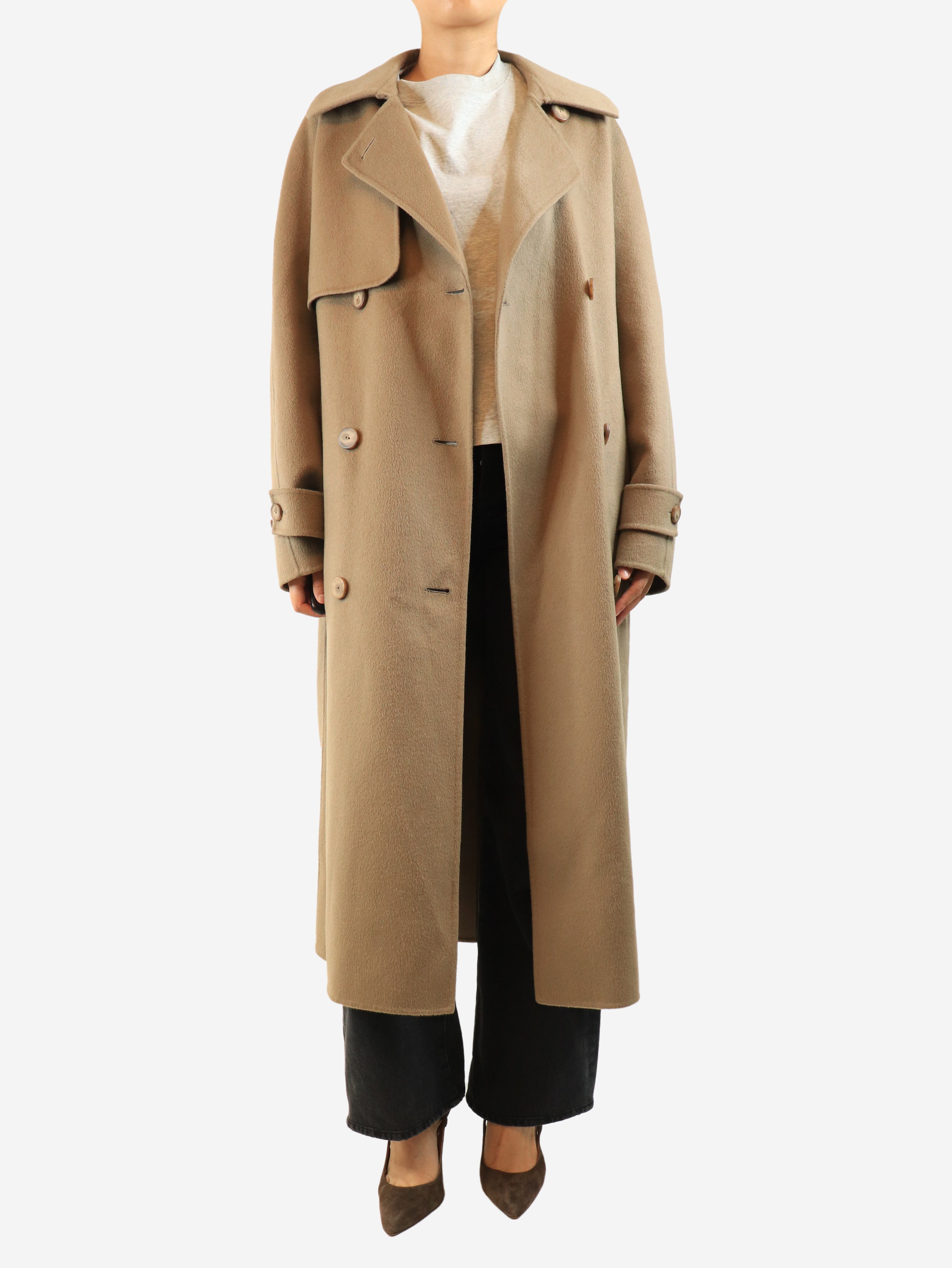 Brown wool and cashmere-blend long jacket - size UK 8