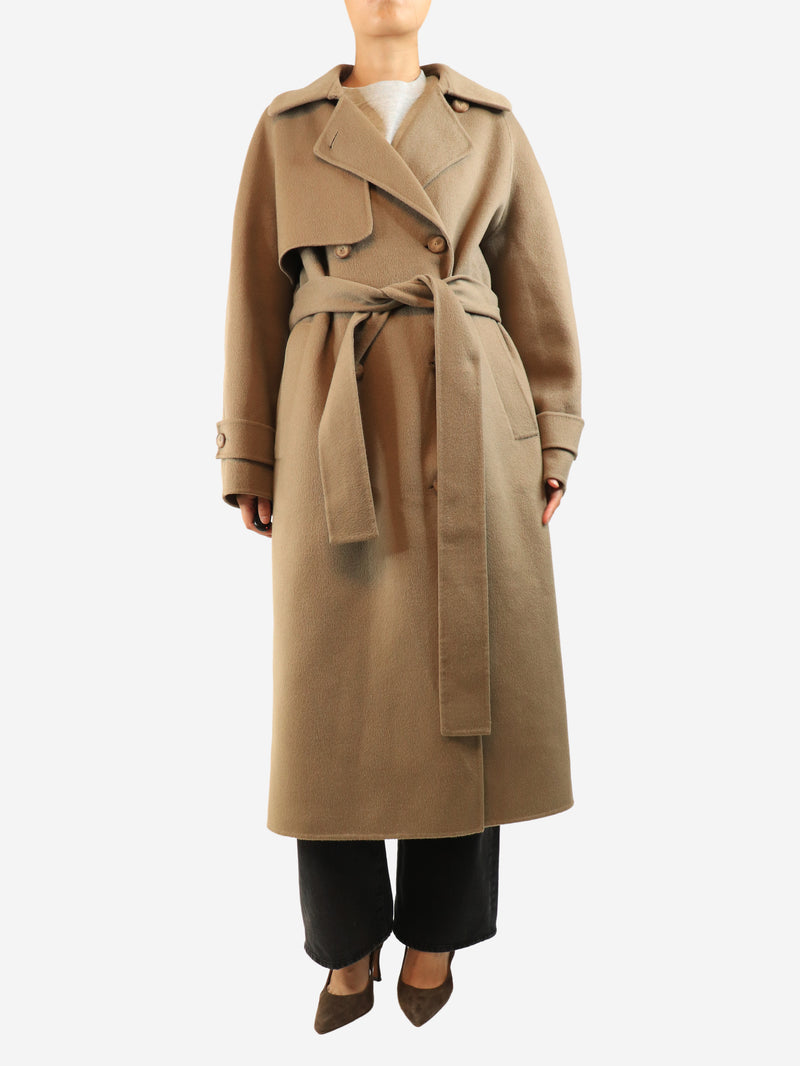 Brown wool and cashmere-blend long jacket - size UK 8