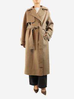 Brown wool and cashmere-blend long jacket - size UK 8