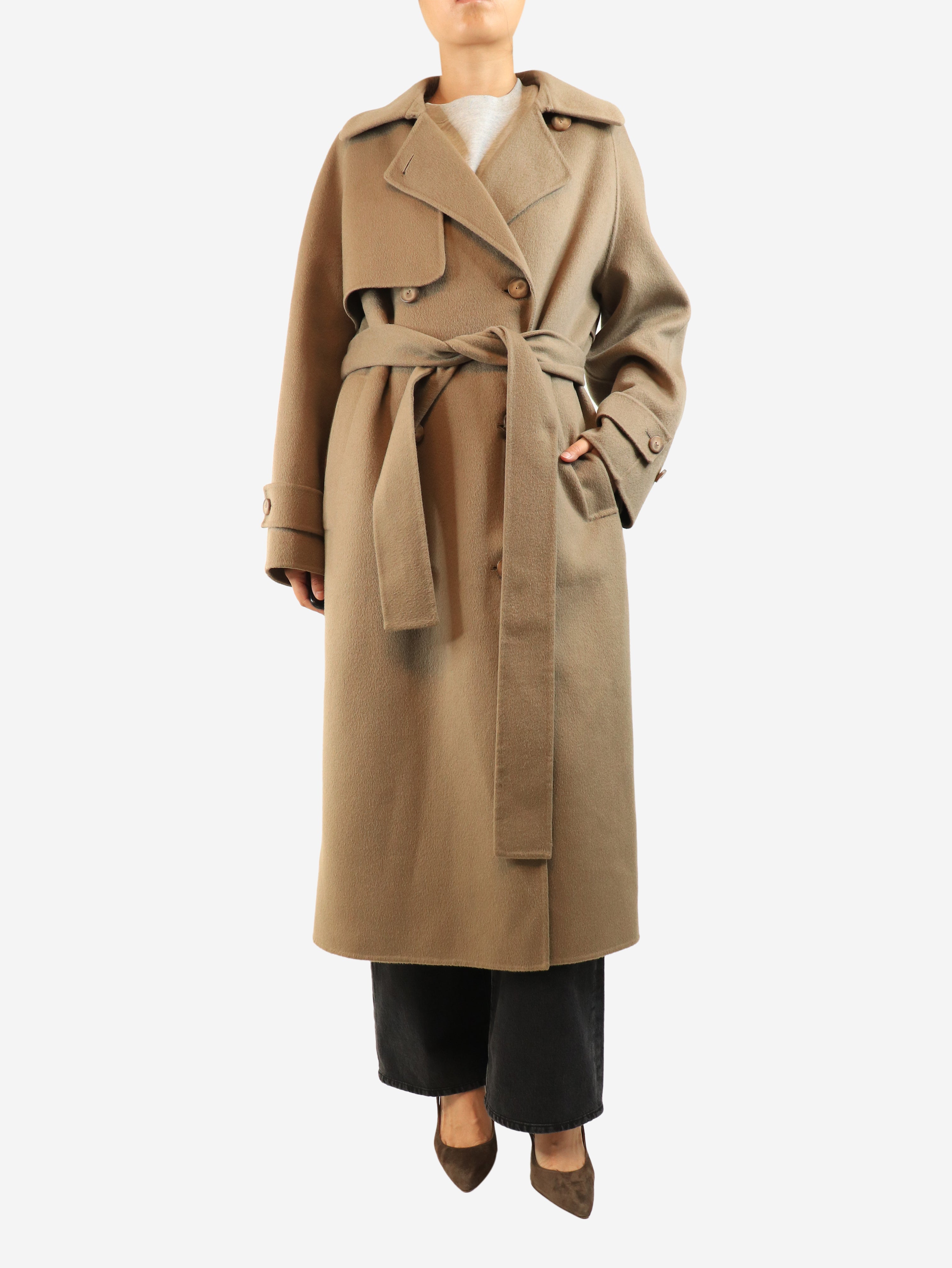 Brown wool and cashmere-blend long jacket - size UK 8