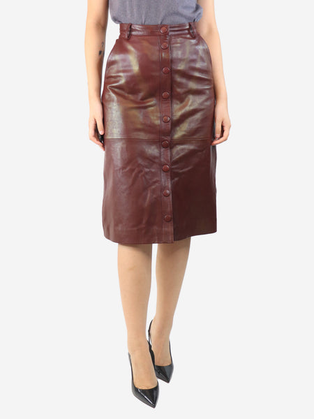 Burgundy leather button-front midi skirt - size UK 10 product image