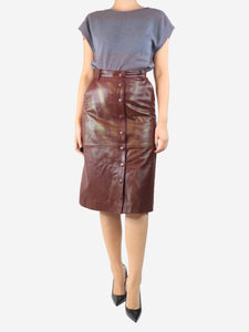 Remain Birger Christensen Burgundy leather button-front midi skirt - size UK 10