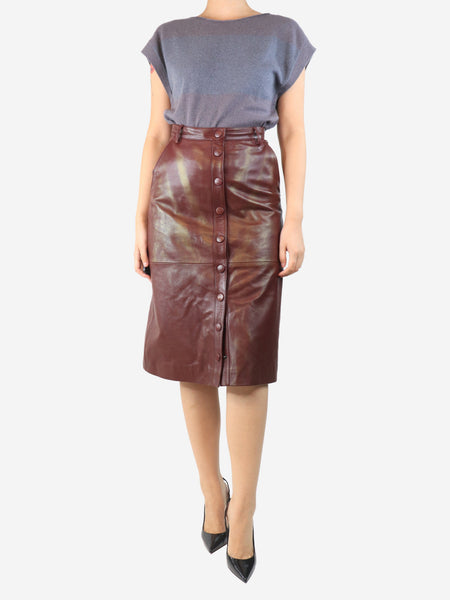 Burgundy leather button-front midi skirt - size UK 10 alternate image