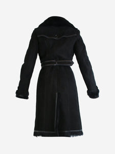 Burberry Black shearling belted leather coat - size UK 12