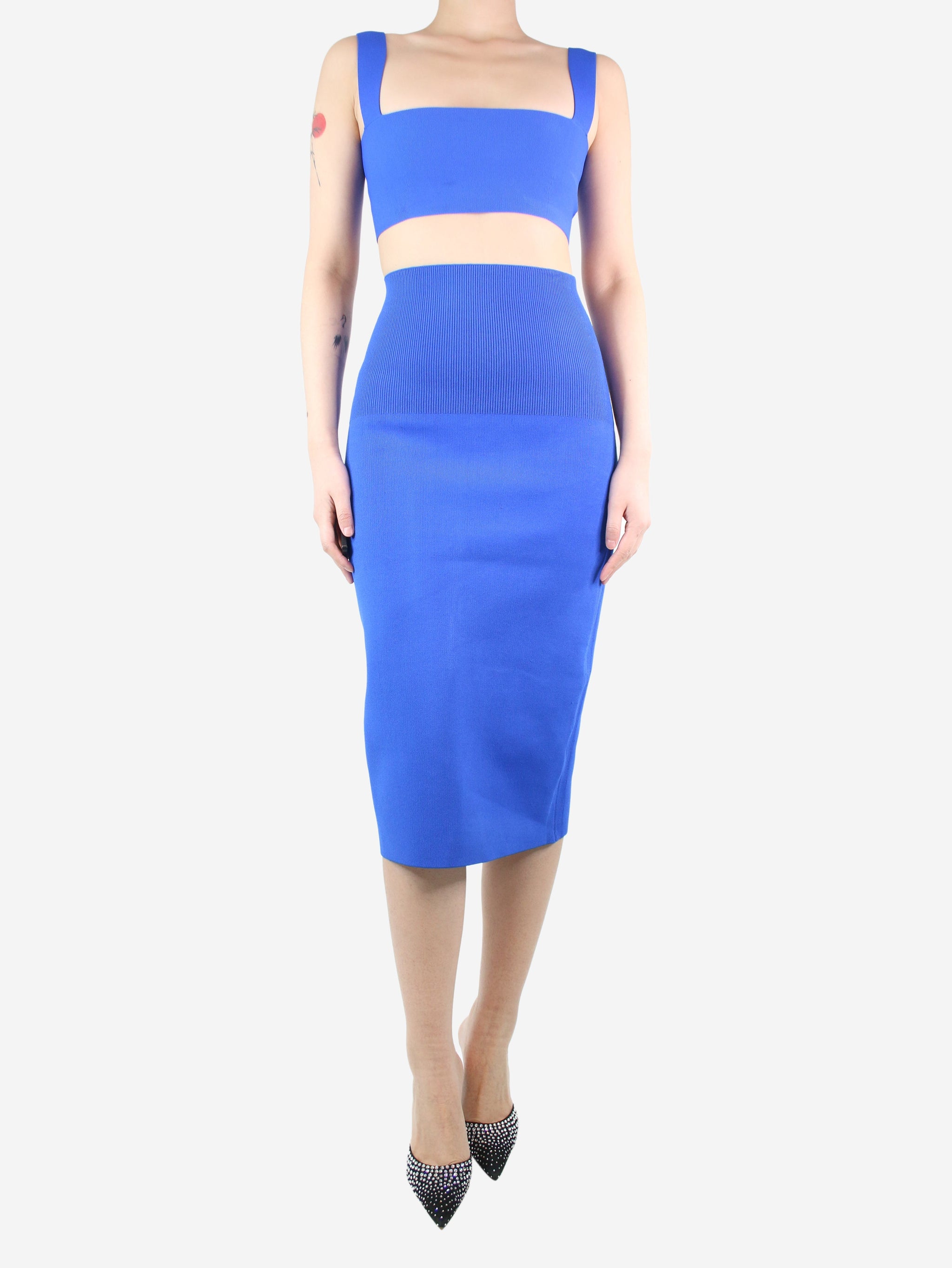 Victoria Beckham pre-owned blue body fitted pencil skirt and cropped ...