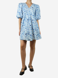 Blue puff-sleeved floral mini dress - size UK 8 Dresses Ganni 