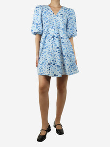 Ganni Blue puff-sleeved floral mini dress - size UK 8