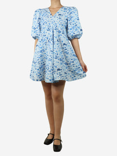 Blue puff-sleeved floral mini dress - size UK 8 Dresses Ganni 