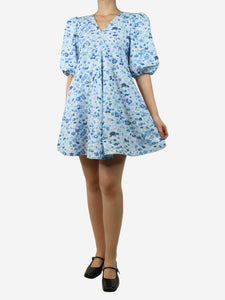 Ganni Blue puff-sleeved floral mini dress - size UK 8