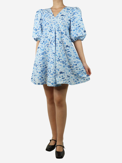 Blue puff-sleeved floral mini dress - size UK 8 Dresses Ganni 