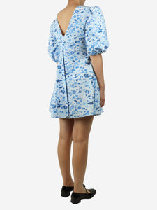 Ganni Blue puff-sleeved floral mini dress - size UK 8