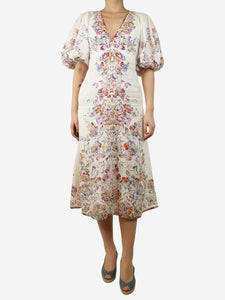 Zimmermann White puff-sleeved floral printed midi dress - size UK 8