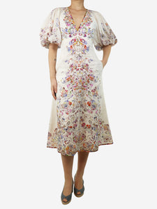 Zimmermann White puff-sleeved floral printed midi dress - size UK 8