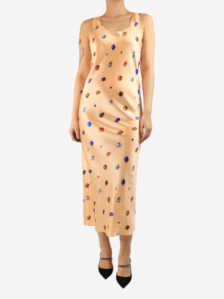 Peach silk sleeveless jewel-print slip dress - size UK 12 product image