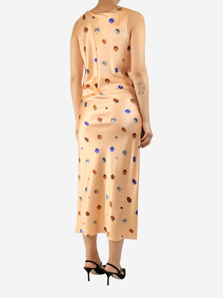 Peach silk sleeveless jewel-print slip dress - size UK 12 alternate image