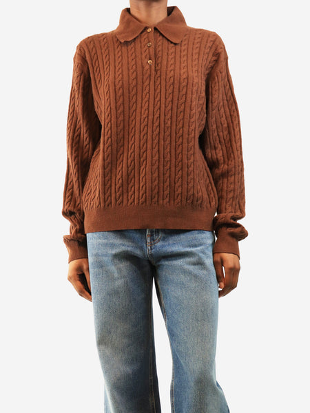 Brown cable-knit polo top - size UK 6 product image