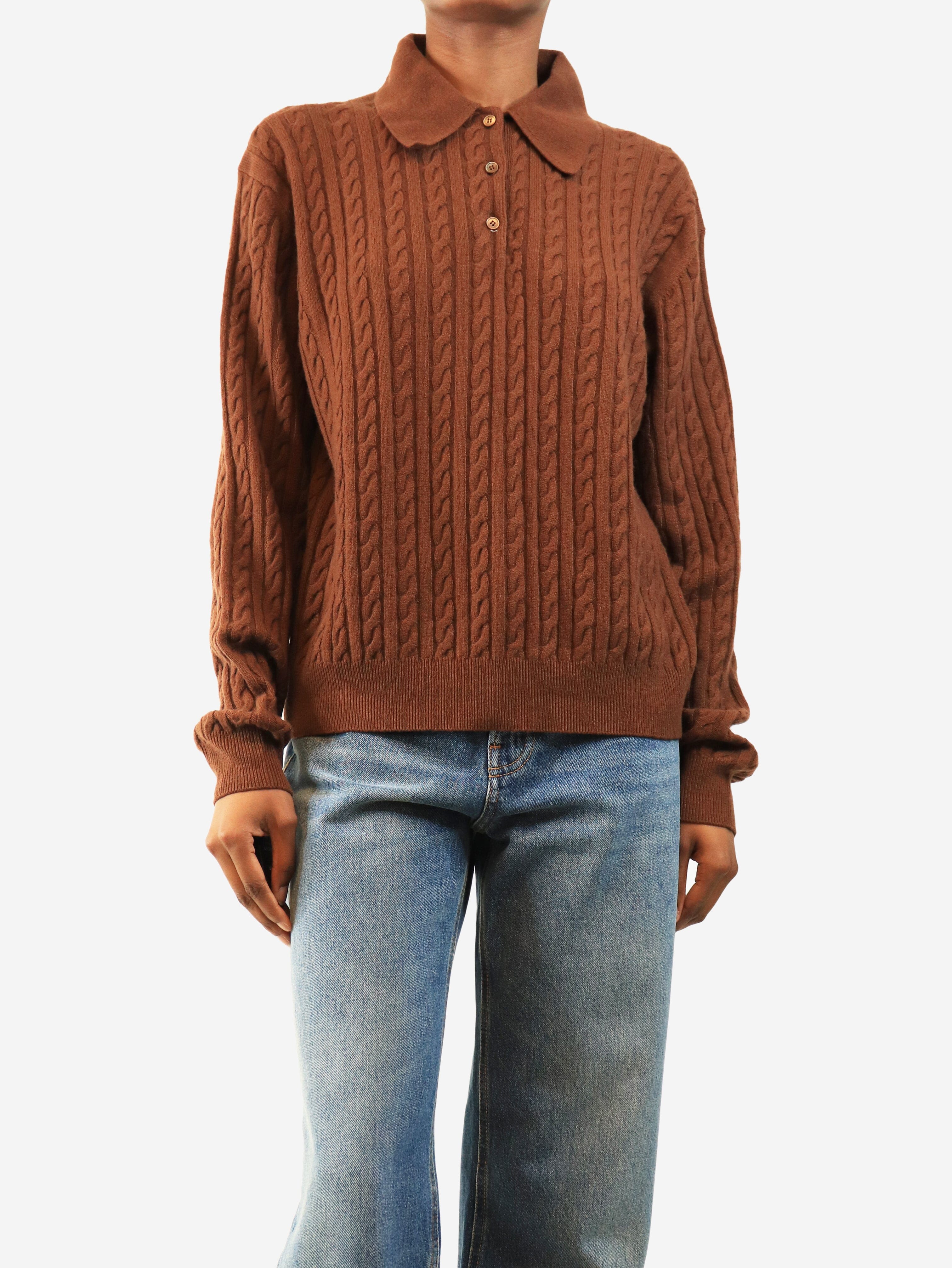 Brown cable-knit polo top - size UK 6 Knitwear Miu Miu 