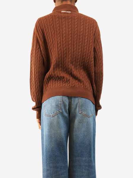 Brown cable-knit polo top - size UK 6 alternate image