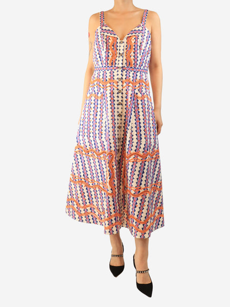 White and purple sleeveless floral midi dress - size UK 16 product image