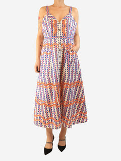 White and purple sleeveless floral midi dress - size UK 16 Dresses Saloni 
