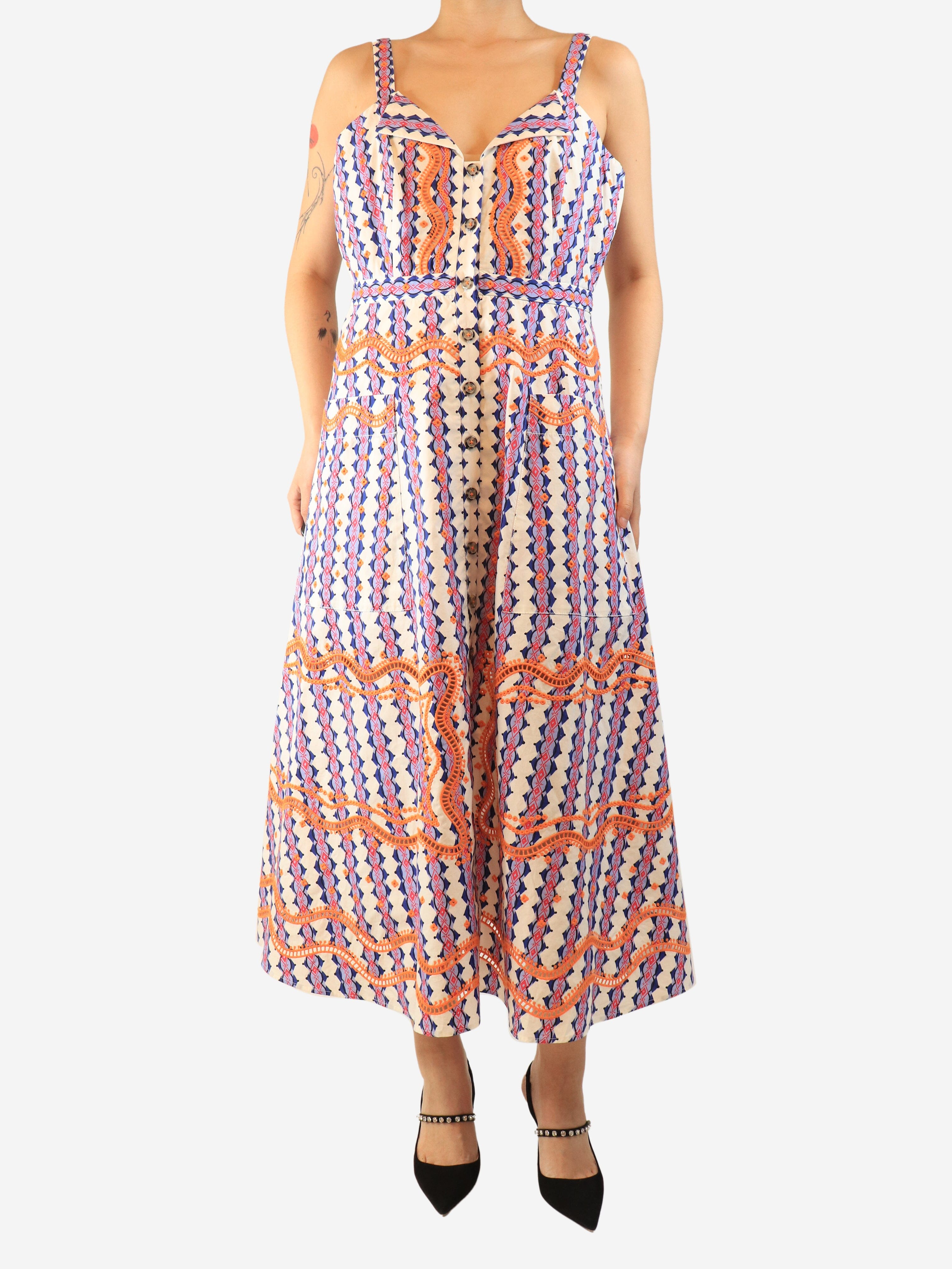 White and purple sleeveless floral midi dress - size UK 16 Dresses Saloni 