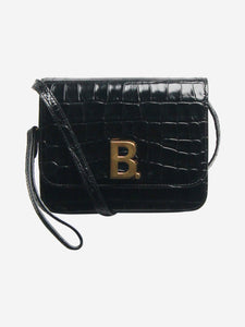 Balenciaga Black B small crocskin shoulder bag