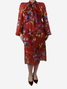 Erdem Red floral printed midi dress - size UK 14